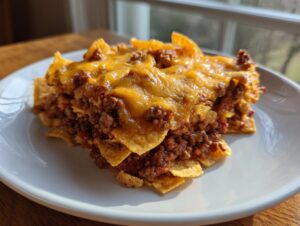 A layered serving of baked frito pie topped with melted cheddar cheese and seasoned ground beef.