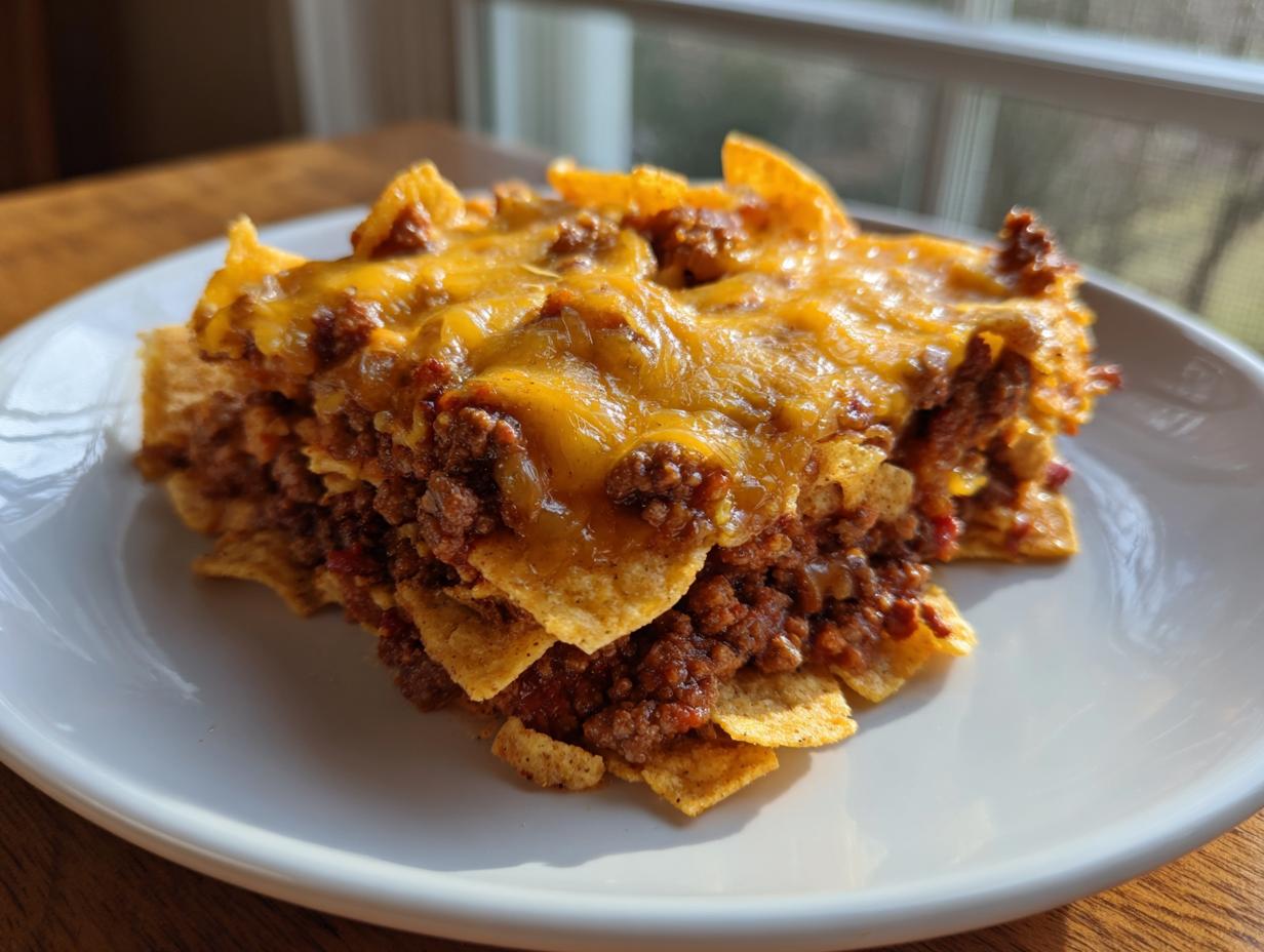 A layered serving of baked frito pie topped with melted cheddar cheese and seasoned ground beef.