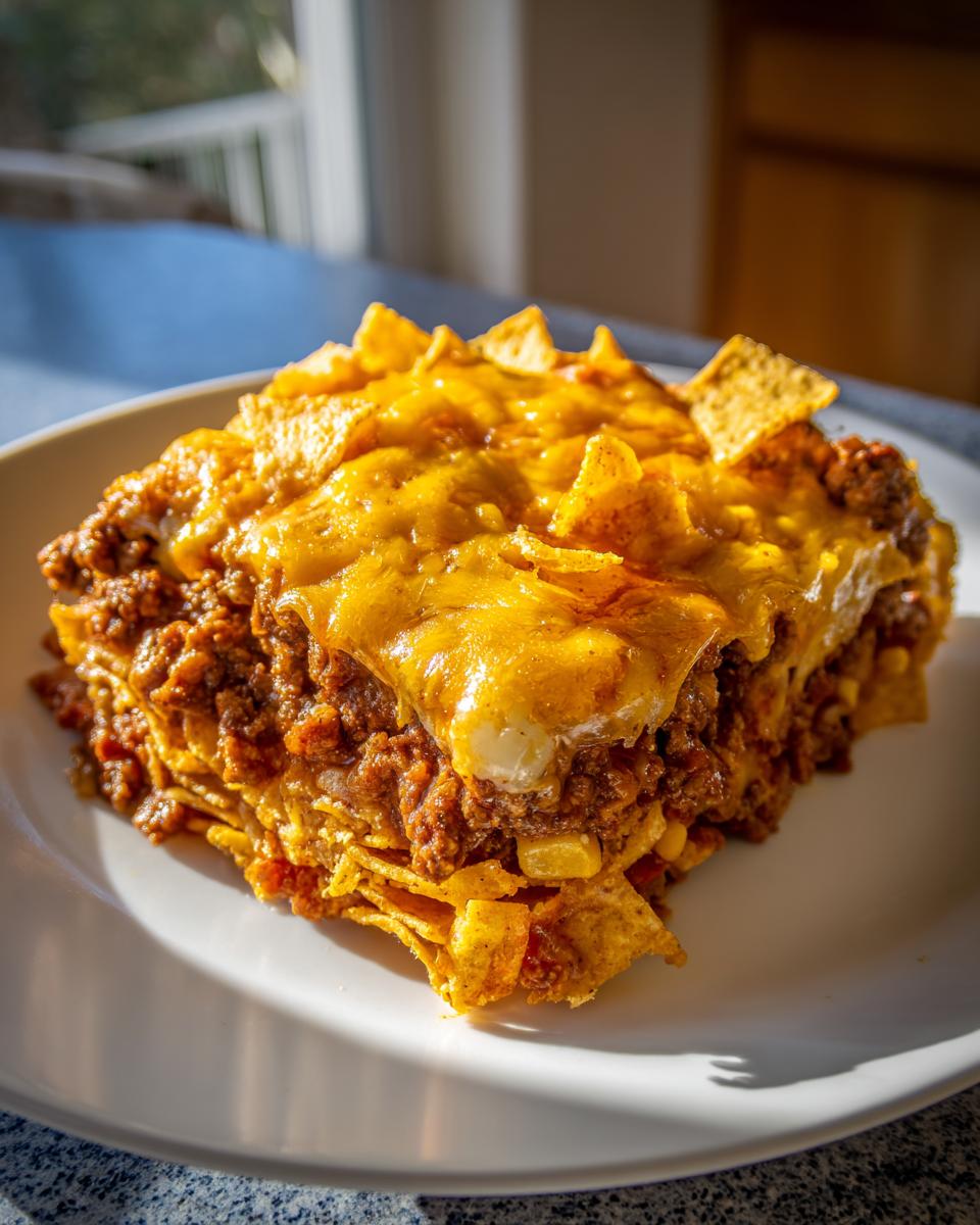 A layered slice of baked frito pie topped with melted cheddar cheese and corn chips.