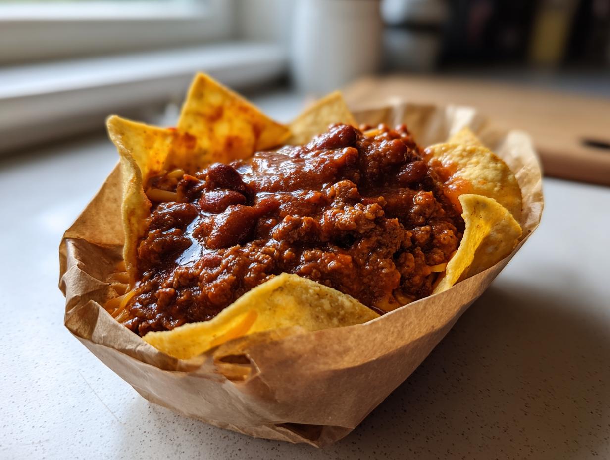 Close-up of a single serving of chili topped with cheese and Fritos corn chips, ready to eat at a frito pie bar.