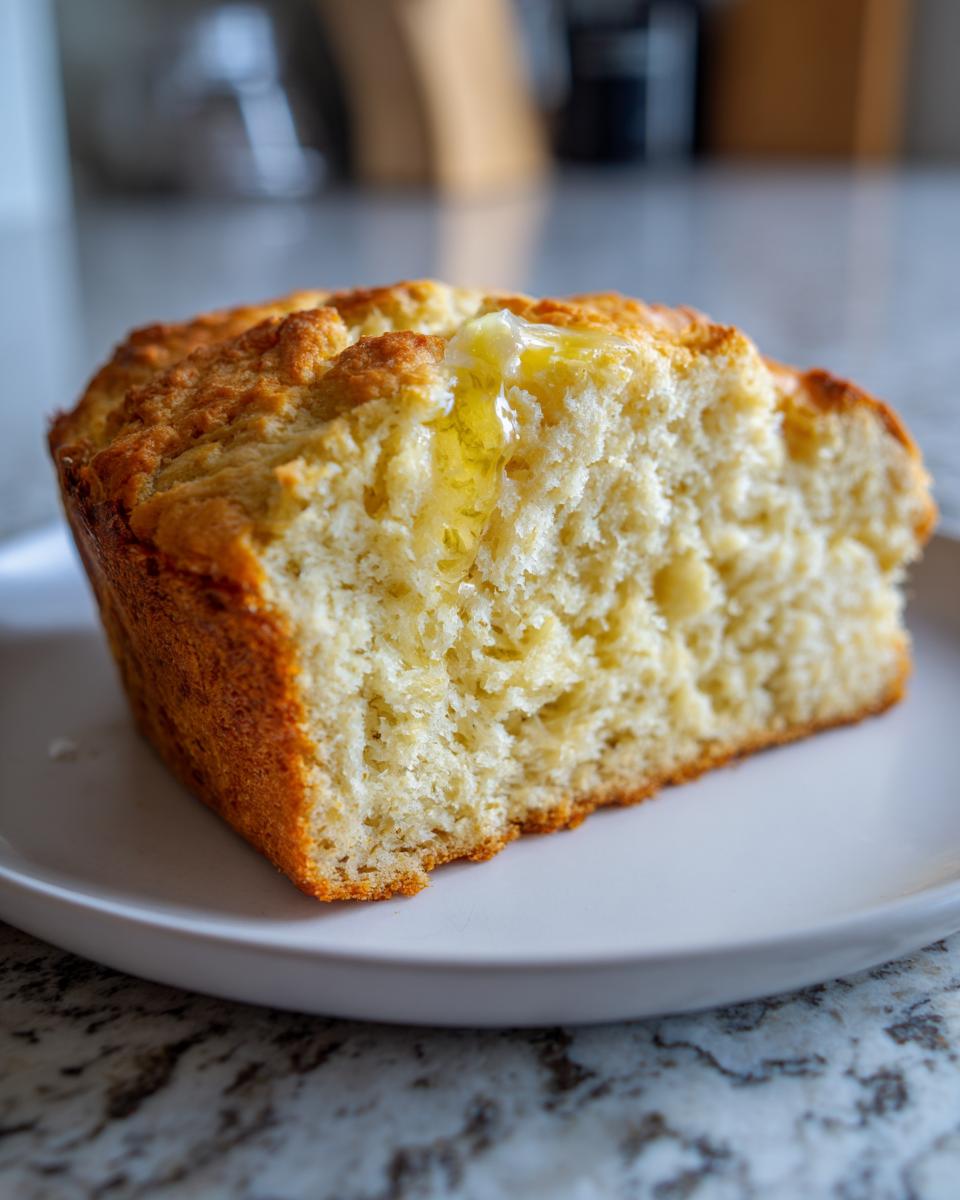 Close-up of a thick slice of golden brown beer bread topped with melting butter on a white plate.