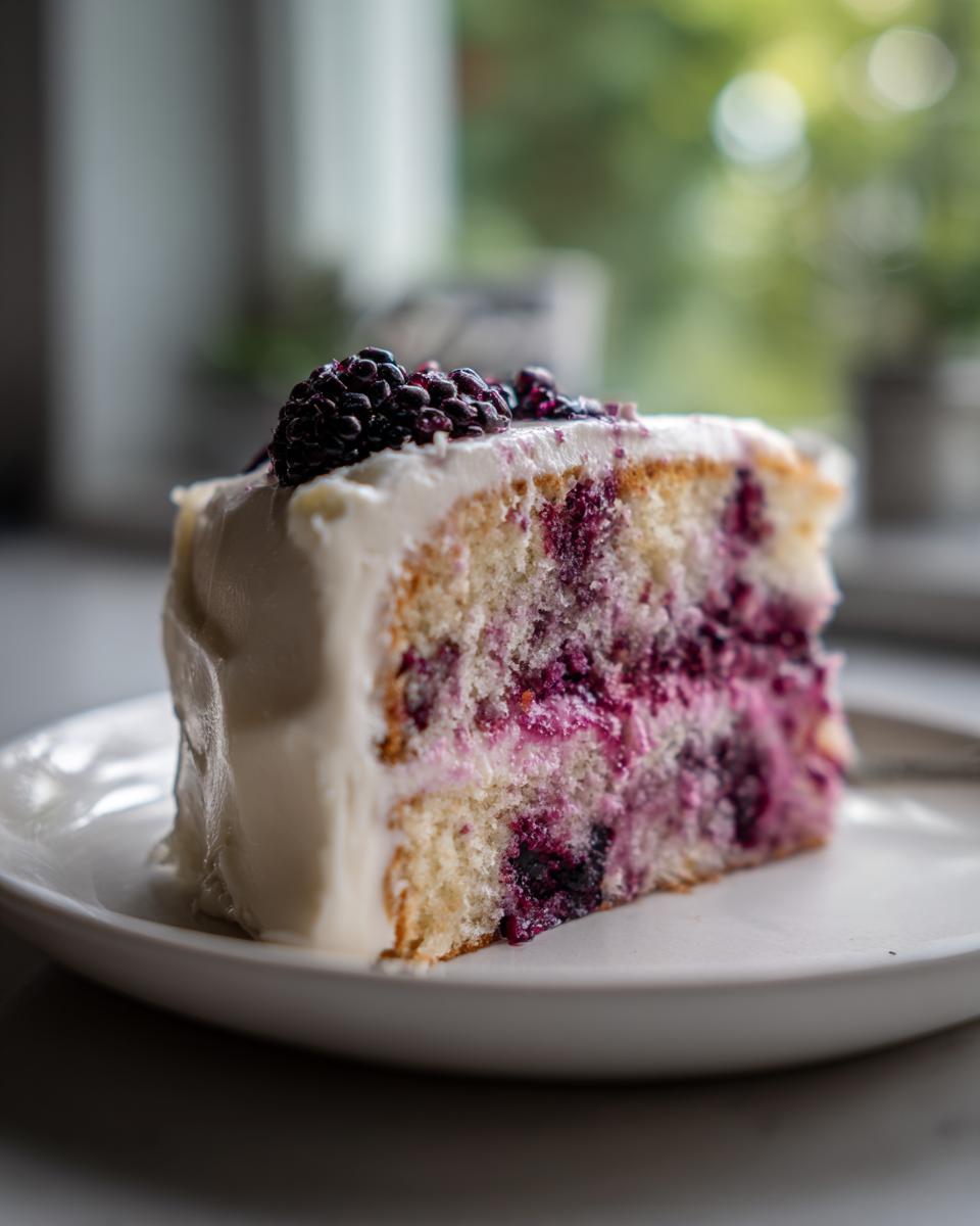 A close-up slice of blackberry lavender cake layered with white frosting and topped with fresh blackberries.