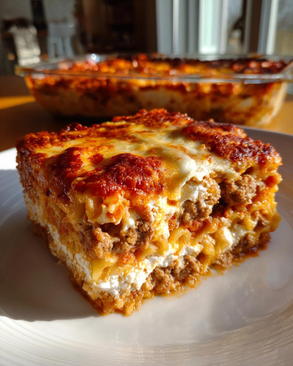 A thick, cheesy slice of high protein baked ziti featuring layers of pasta, meat sauce, and ricotta cheese, served on a white plate.
