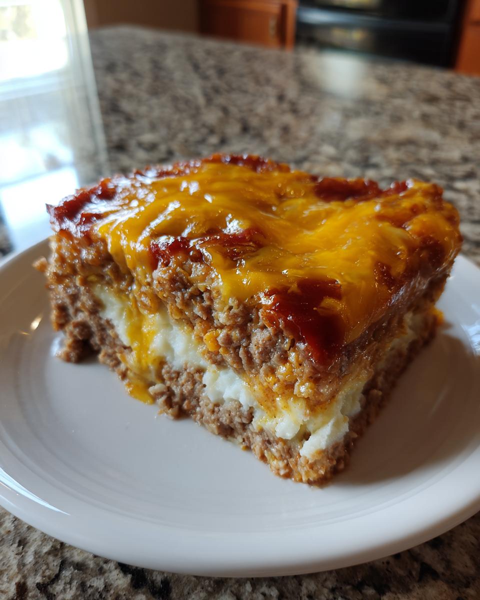 A close-up slice of layered meatloaf casserole featuring ground meat, mashed potatoes, and melted cheddar cheese topping.