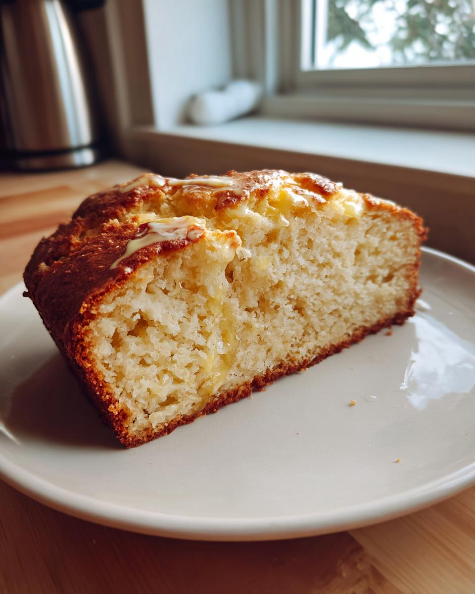 Close-up of a thick slice of moist beer bread, drizzled with melted butter, served on a white plate.