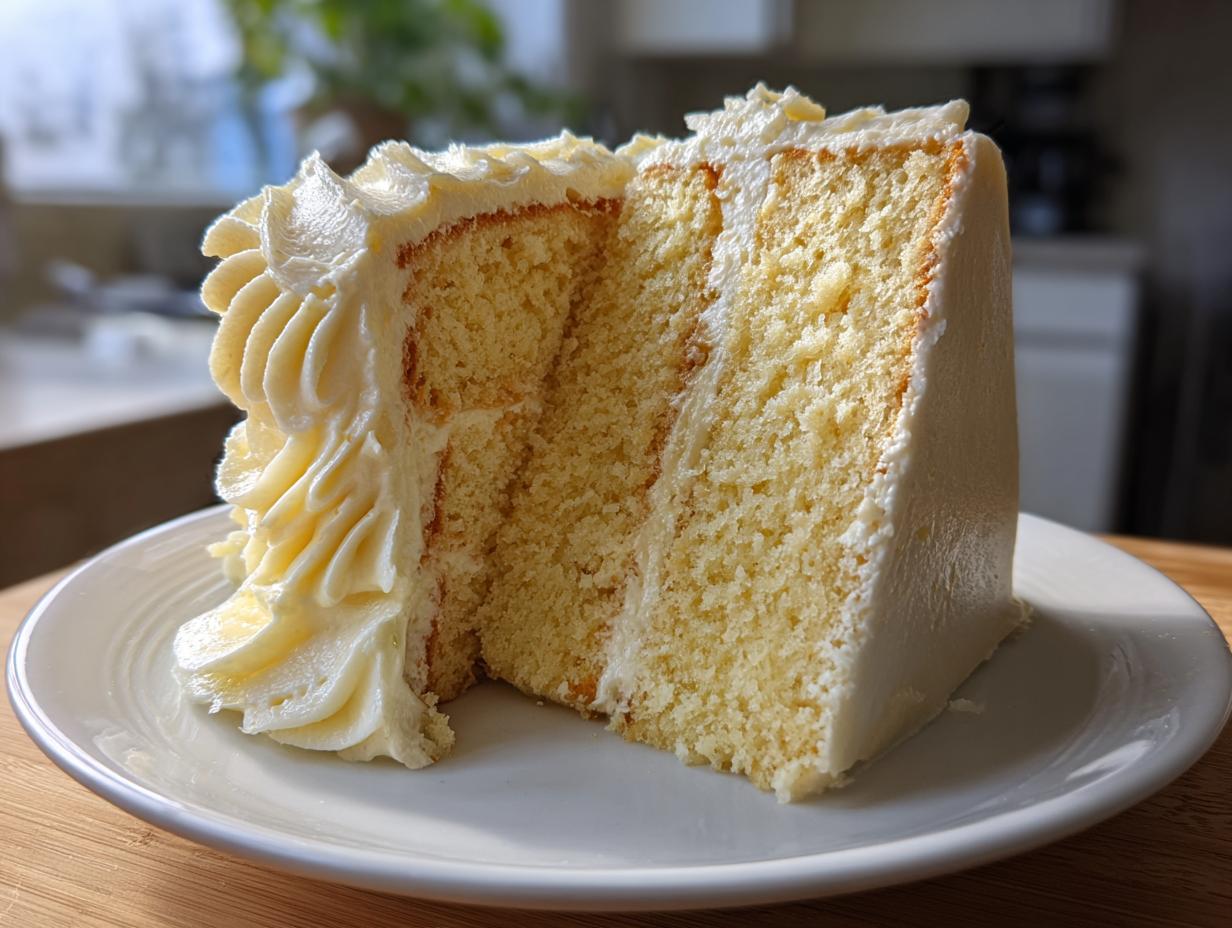 A tall slice of amazing earl grey lavender cake showing three layers and thick white frosting.