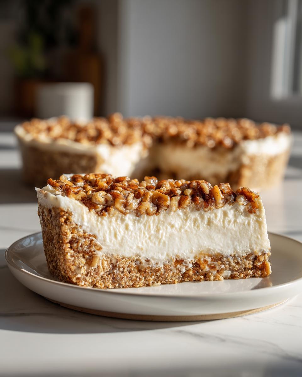 A close-up slice of pecan cream pie showing a thick graham cracker crust, creamy filling, and candied pecan topping.