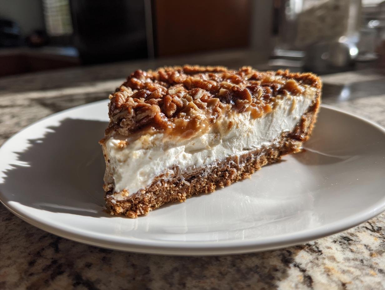 A thick slice of pecan cream pie featuring a graham cracker crust, creamy white filling, and pecan topping.
