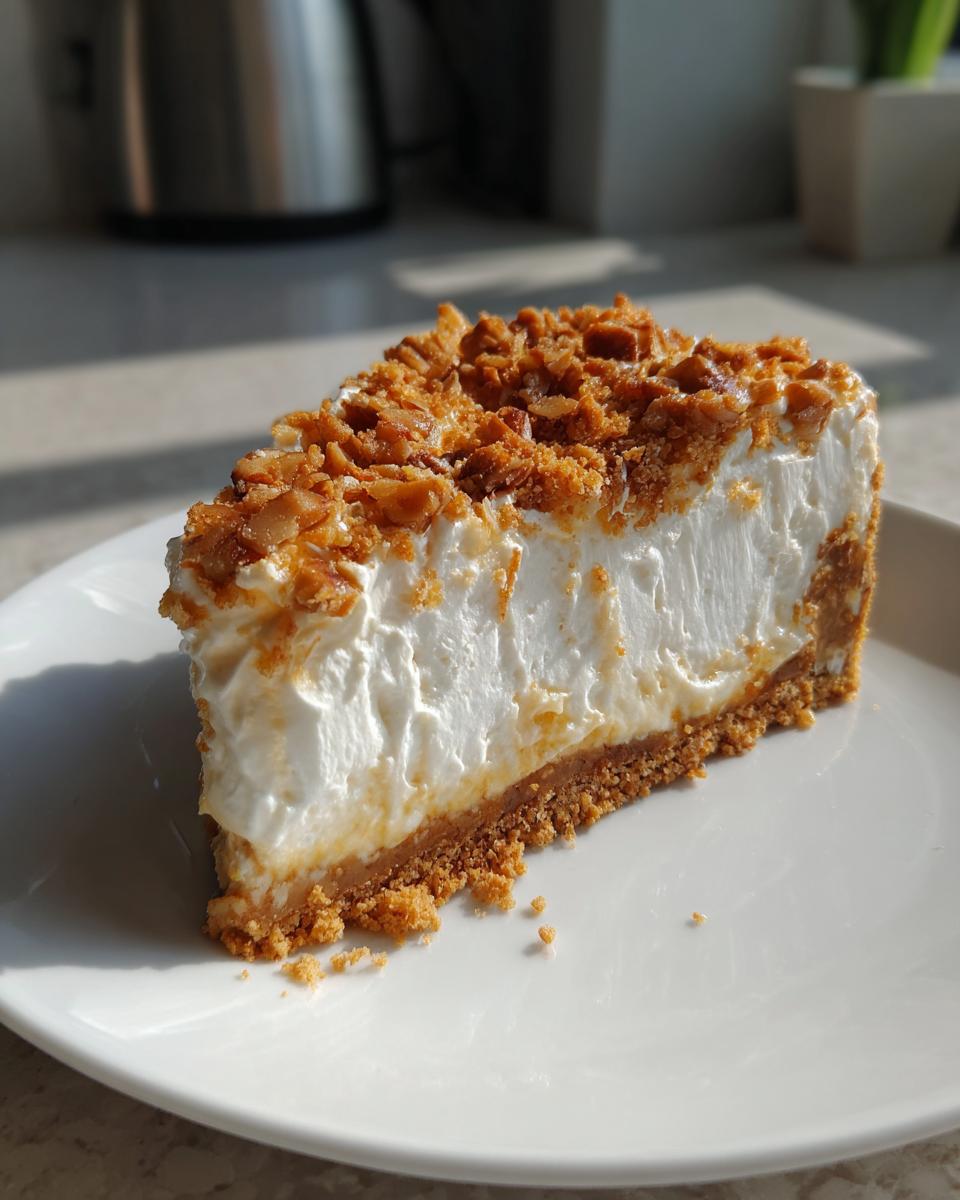 A decadent slice of pecan cream pie featuring a thick, creamy white filling and a crunchy pecan topping on a graham cracker crust.