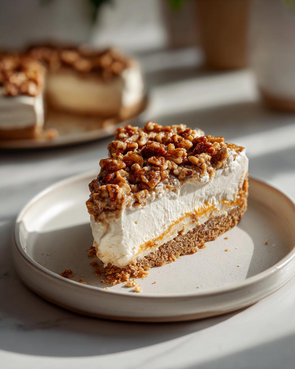 A close-up slice of pecan cream pie showing a thick cream layer, caramel, and a crunchy pecan topping.