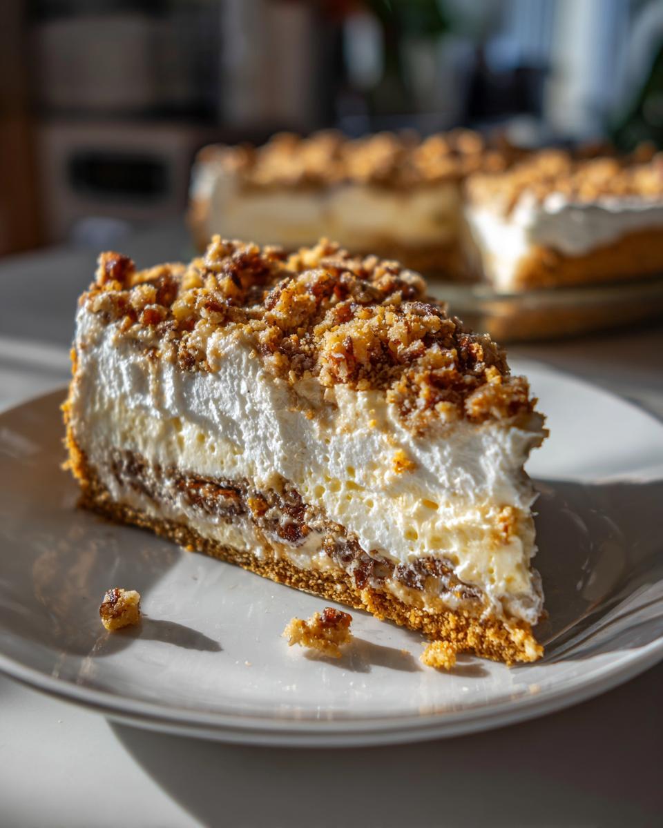 A generous slice of pecan cream pie featuring a graham cracker crust, creamy filling, whipped topping, and crunchy pecan crumble.