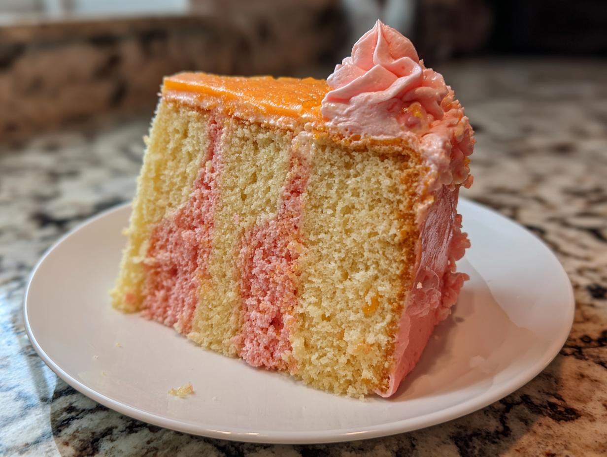 A slice of marbled strawberry creamsicle cake with orange glaze and pink frosting swirl on a white plate.