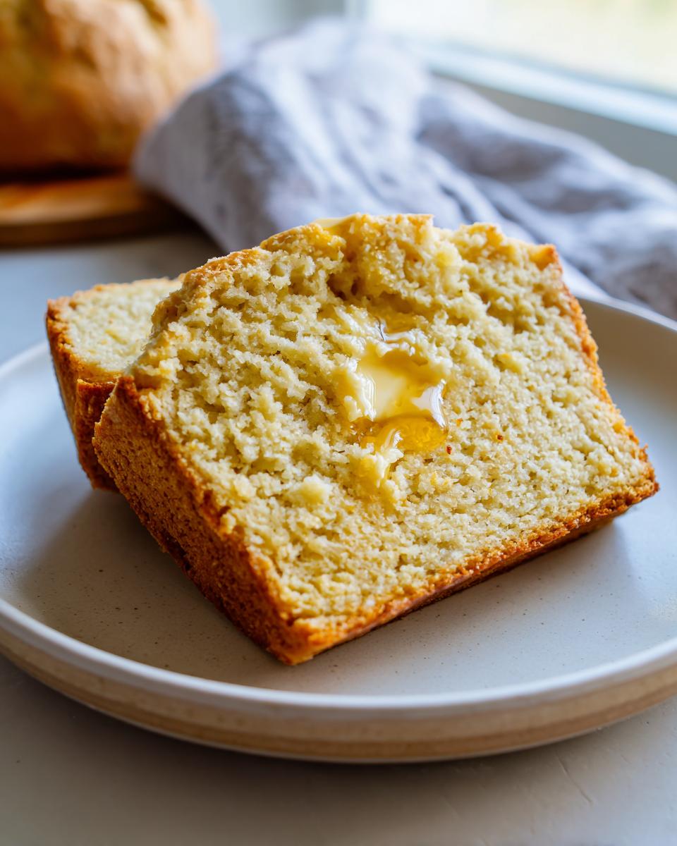 Two slices of moist beer bread on a plate, topped with melting butter.