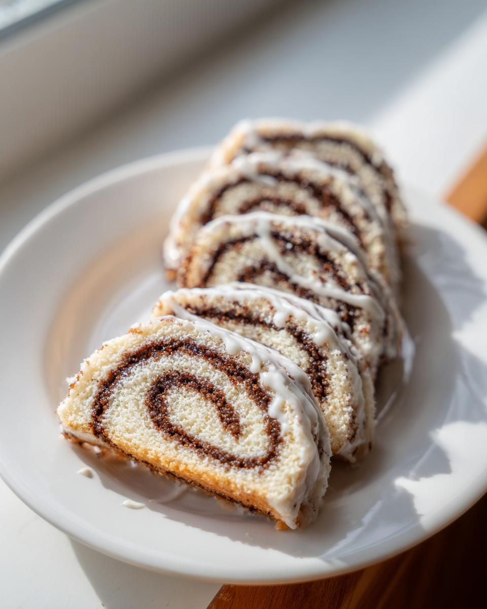 Slices of italian nut roll cookies with cream cheese dough, showing a dark swirl filling and white icing.