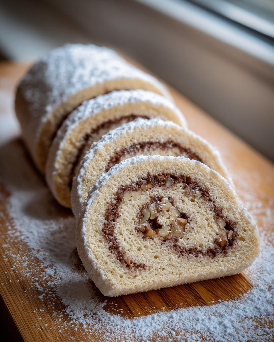 Close-up of sliced italian nut roll cookies, showing the swirl of nut filling, dusted heavily with powdered sugar.