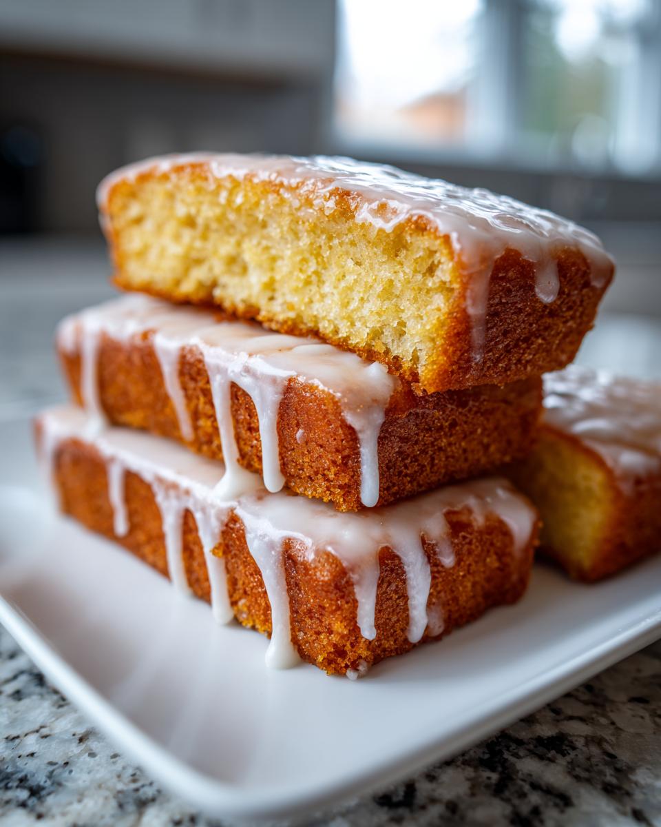 Close-up of soft baked maple donut bars stacked on a white plate, covered in dripping white glaze.