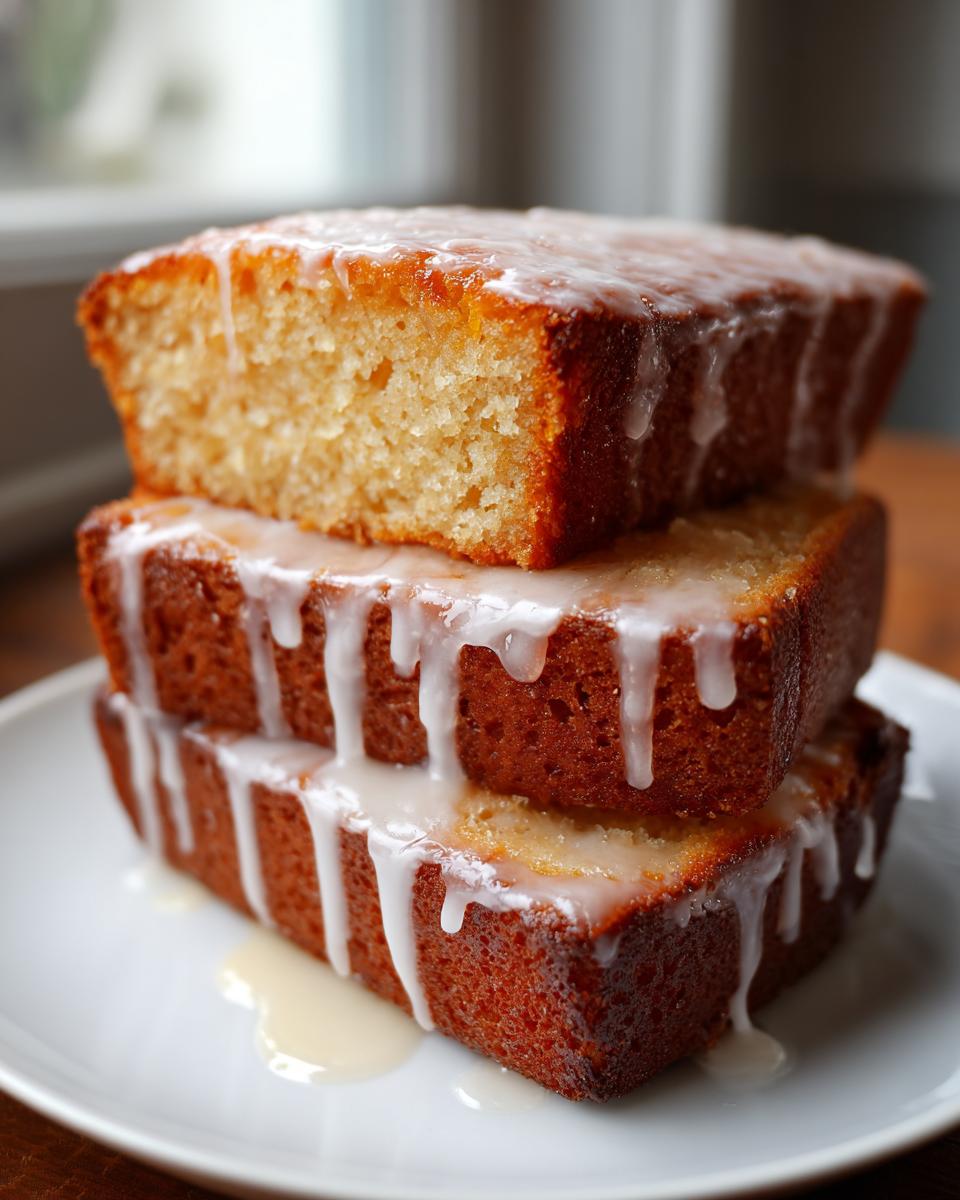 Three stacked slices of soft baked maple donut bars generously drizzled with white maple glaze.