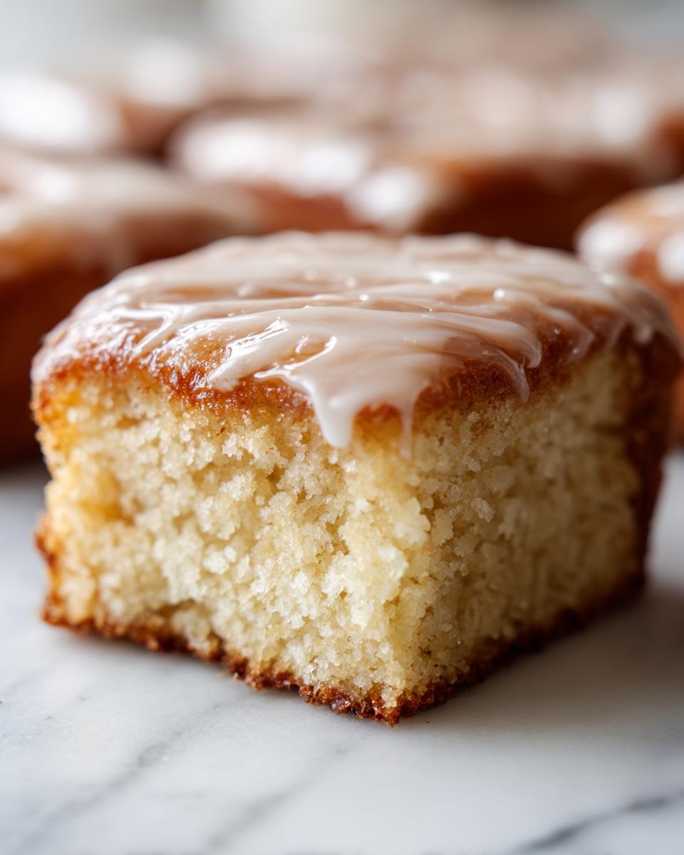 Close-up of a soft, square maple donut bars piece topped with a thick, dripping white glaze.