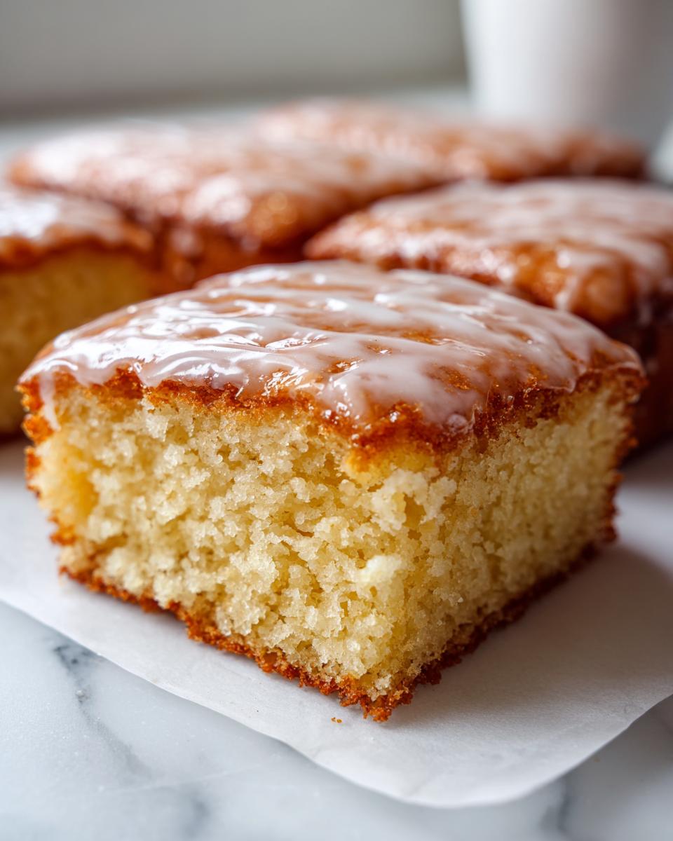 A close-up of a soft, square maple donut bar showing the crumb texture and shiny white glaze.