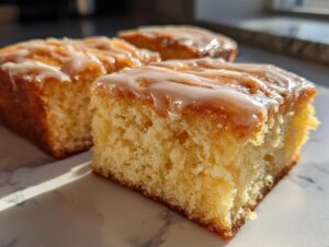 Close-up of three soft maple donut bars topped with a sweet white glaze, highlighting the texture.