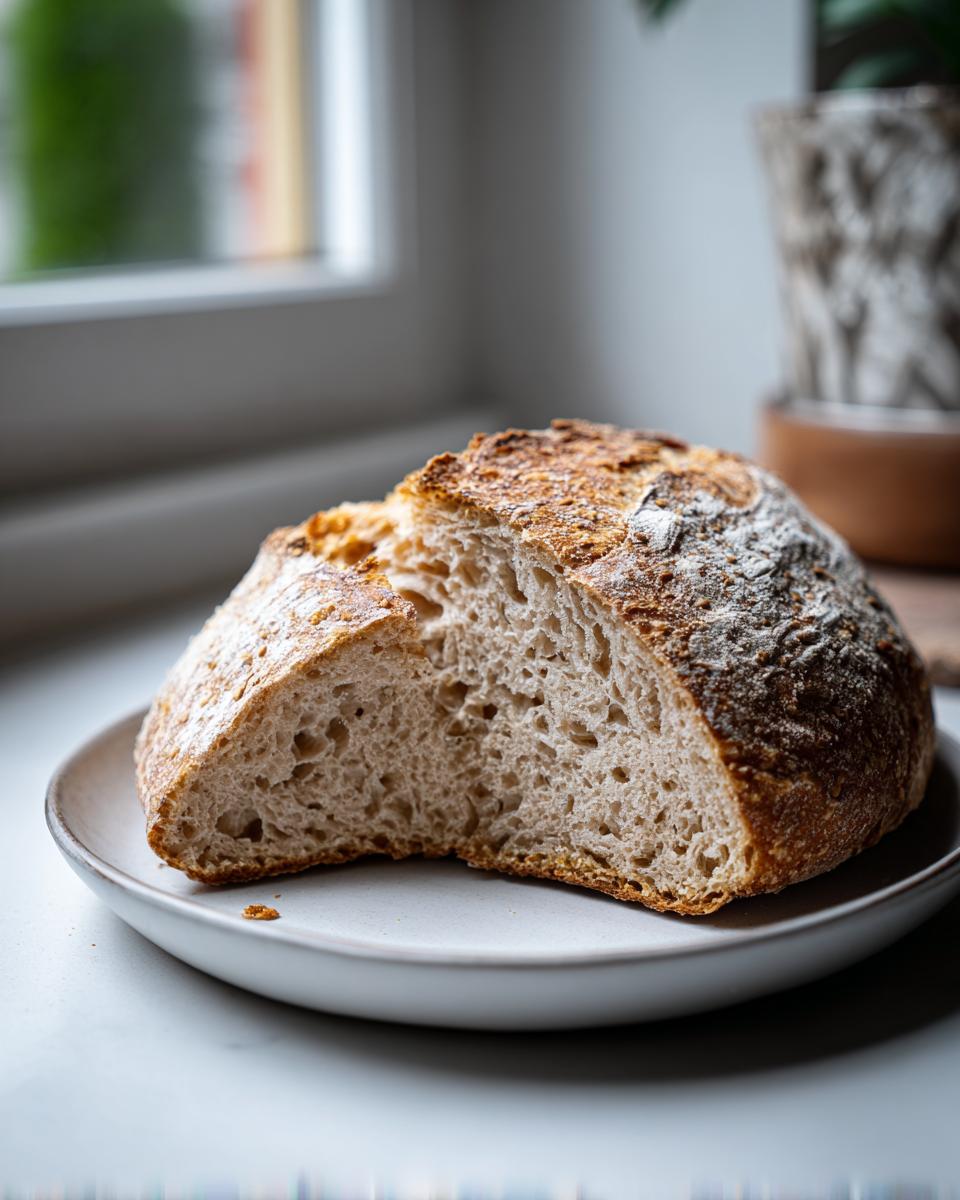 A close-up of a freshly baked sourdough beer bread loaf, cut in half to show the open, airy crumb structure.