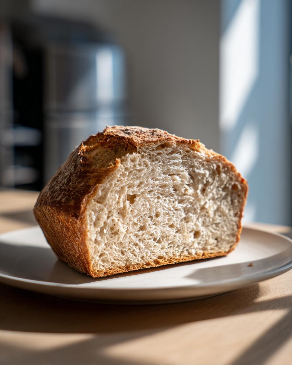 Close-up of the airy, open crumb texture inside a loaf of homemade sourdough beer bread.
