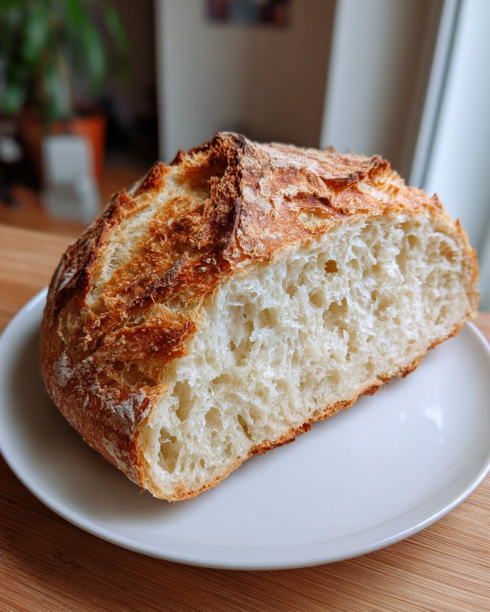 Close-up of a freshly baked sourdough beer bread loaf cut in half, showing the airy, open crumb structure.