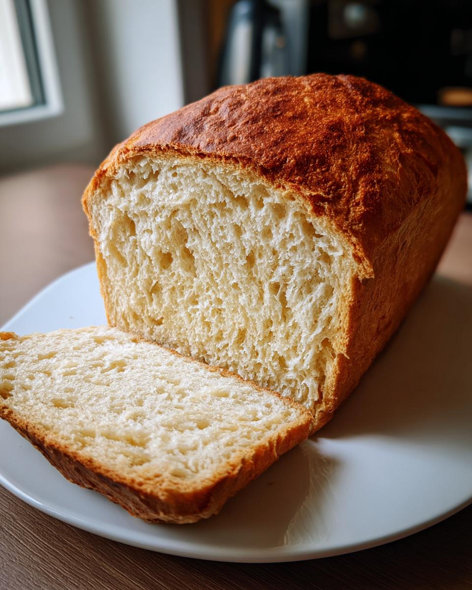 A golden-brown loaf of sourdough beer bread, sliced open to show the soft, airy crumb texture.