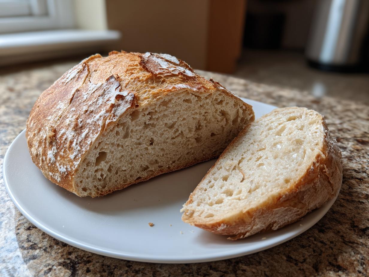 A freshly baked loaf of sourdough beer bread, cut in half to show the airy crumb structure.