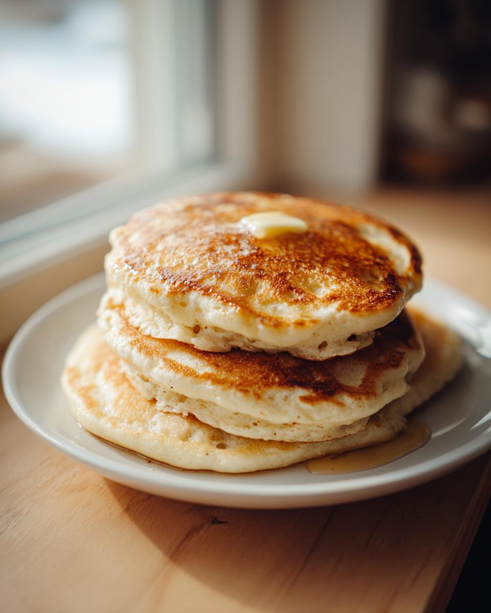 A stack of three fluffy sourdough discard pancakes topped with melting butter and syrup on a white plate.