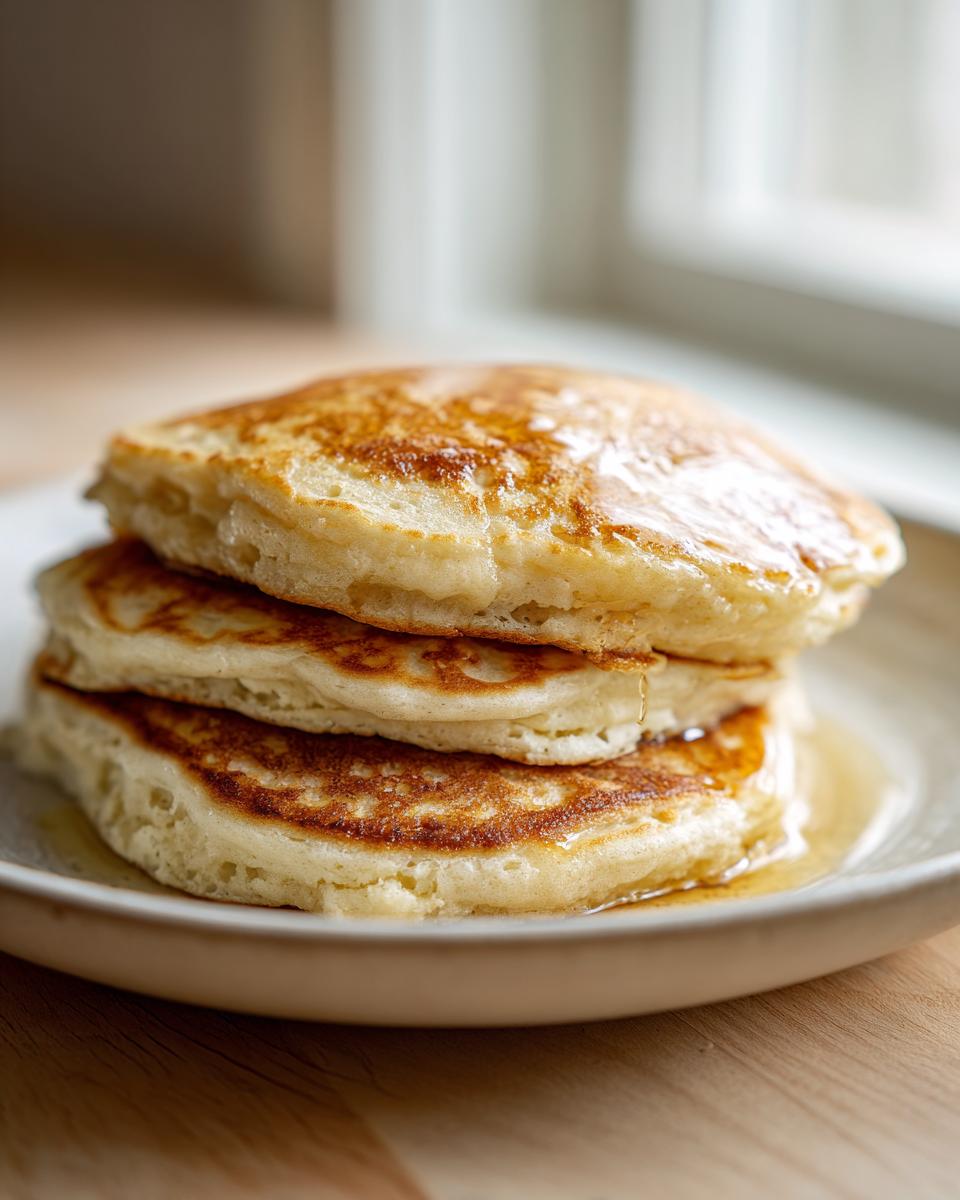 A close-up of a tall stack of three fluffy sourdough discard pancakes drizzled with syrup.