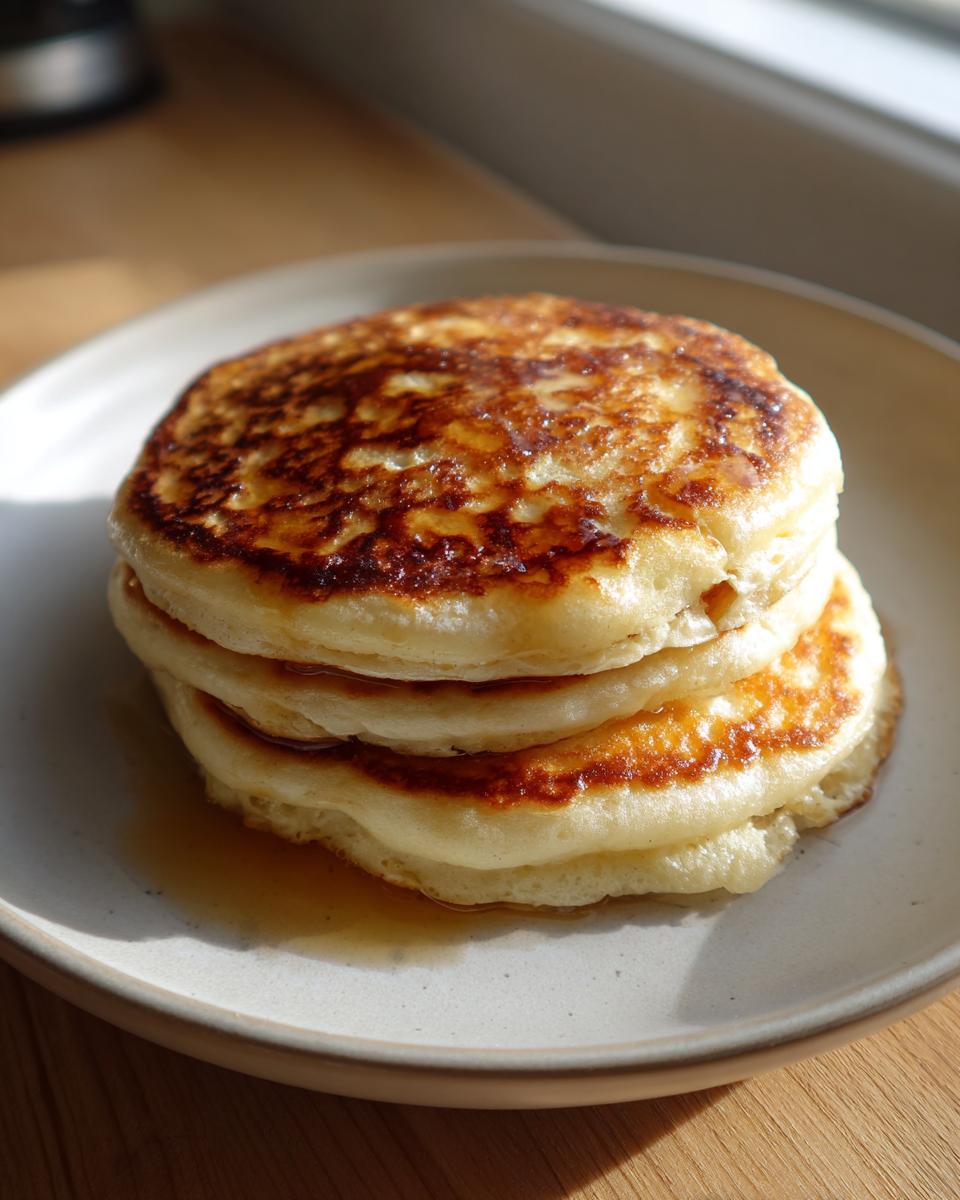 A stack of three thick, golden-brown sourdough discard pancakes drizzled with syrup on a light plate.