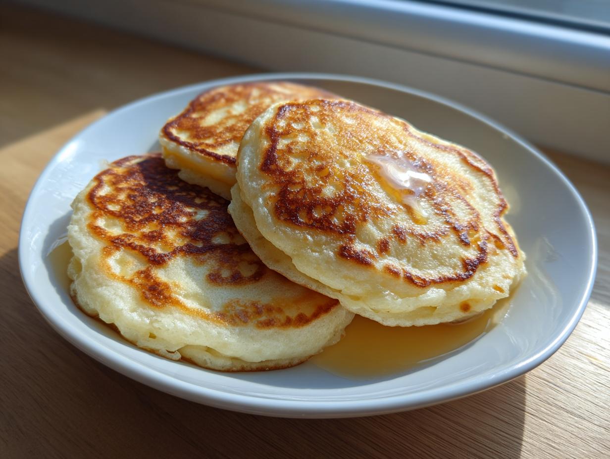 Three fluffy sourdough discard pancakes stacked on a white plate, drizzled with melting butter and syrup.
