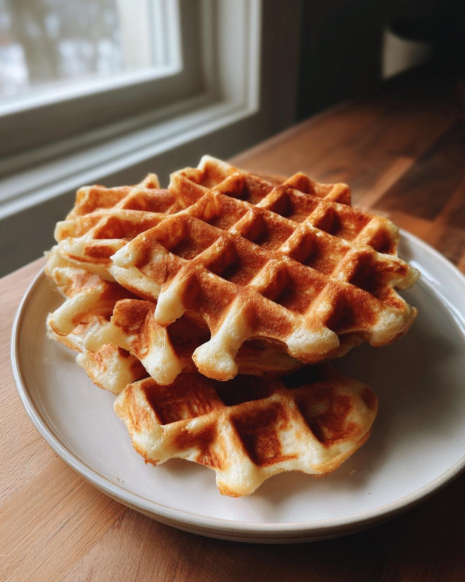 A stack of three golden brown cottage cheese waffles healthy resting on a light plate near a window.