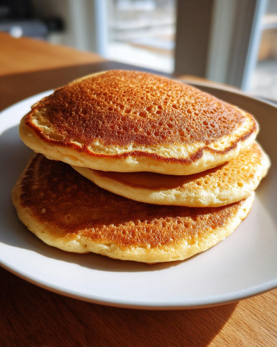 A close-up stack of three golden brown gluten free sourdough discard pancakes on a light plate.