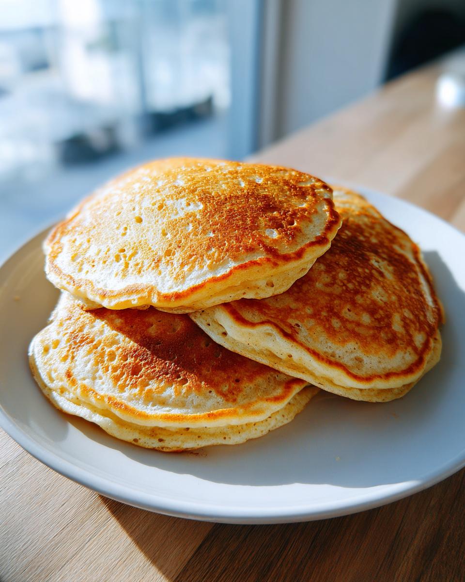 A stack of three perfectly golden gluten free sourdough discard pancakes on a white plate.