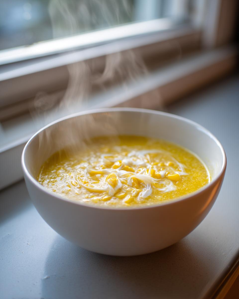 A steaming white bowl filled with bright yellow sweet corn soup, topped with cream swirls.