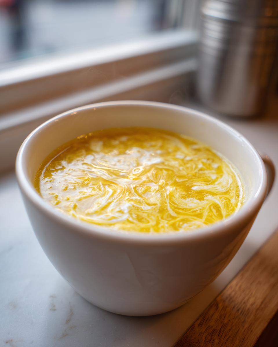 Close-up of a steaming white bowl filled with bright yellow sweet corn soup featuring white cream swirls.