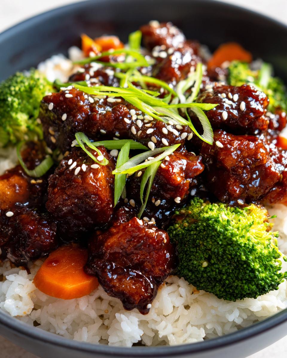 Close-up of a sticky chicken rice bowl featuring glazed chicken pieces, white rice, broccoli florets, and green onions.