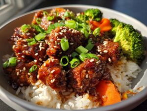 A close-up of a delicious sticky chicken rice bowl topped with sesame seeds and green onions, served with steamed broccoli.