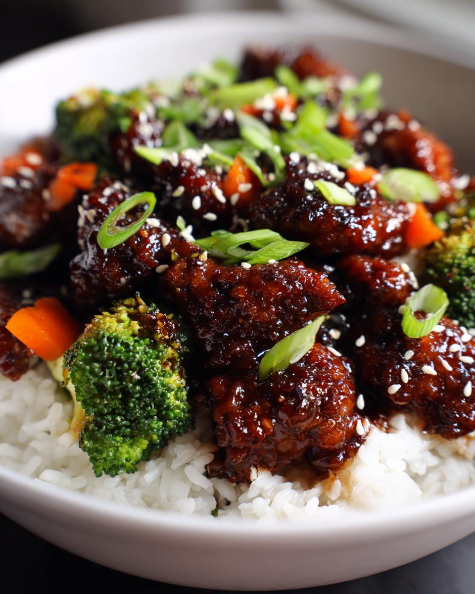 Close-up of a sticky chicken rice bowl featuring dark glazed chicken pieces, bright green broccoli, and scallions.