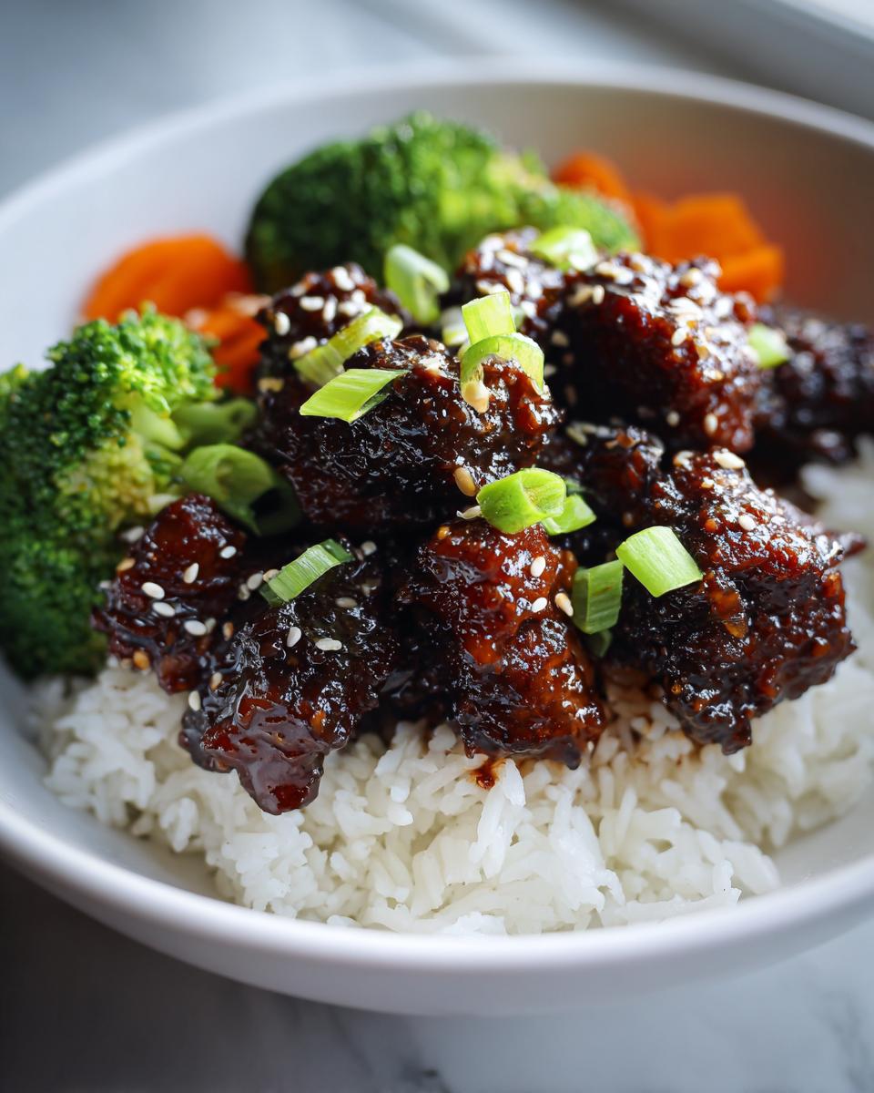 Close-up of a sticky chicken rice bowl featuring dark, glazed chicken pieces over white rice, served with broccoli and carrots.