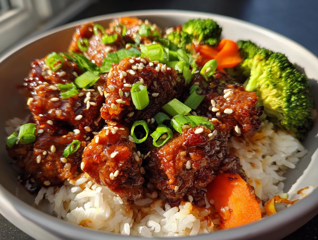 A close-up of a delicious sticky chicken rice bowl topped with sesame seeds and green onions, served with steamed broccoli.