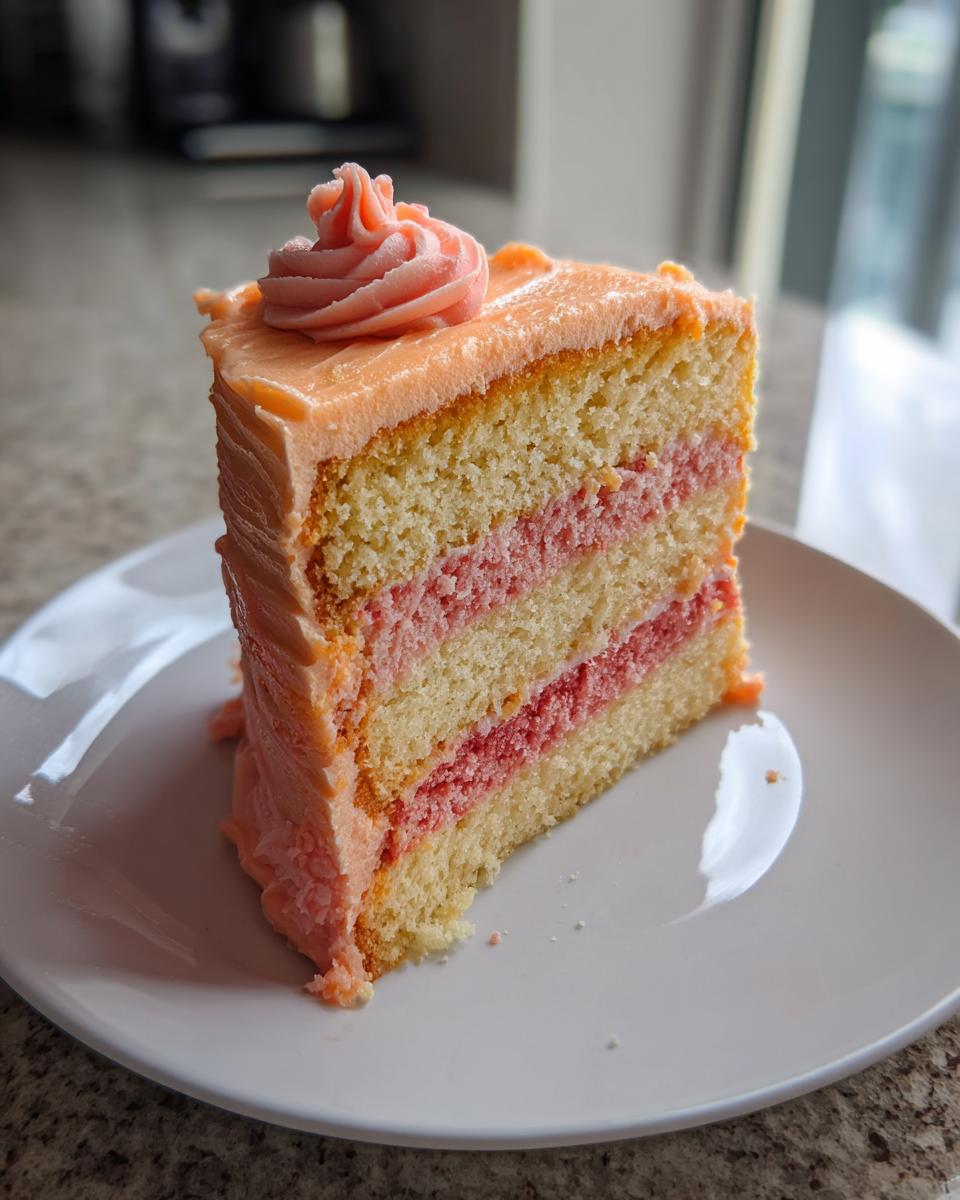 A tall slice of strawberry creamsicle cake showing three layers of vanilla cake and two layers of pink filling, covered in orange-pink frosting.