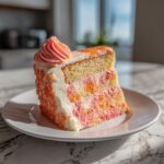 A tall slice of strawberry creamsicle cake with layers of yellow cake and pink/orange filling, covered in white frosting.