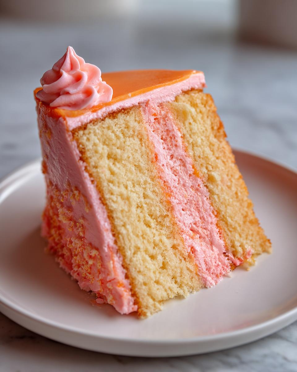 A close-up slice of strawberry creamsicle cake showing yellow layers and bright pink filling and frosting.