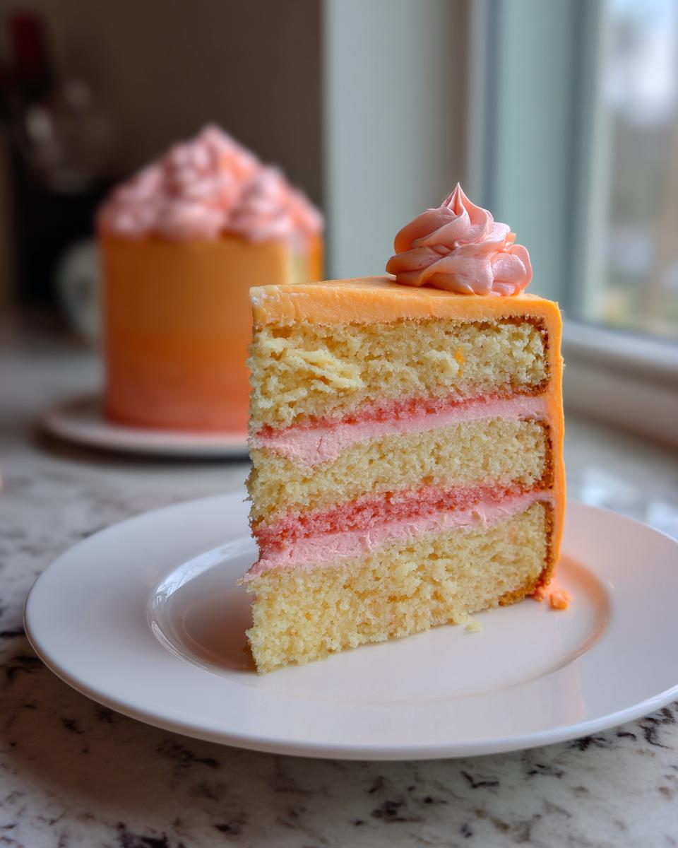 A close-up slice of strawberry creamsicle cake showing three layers of yellow cake and pink filling on a white plate.