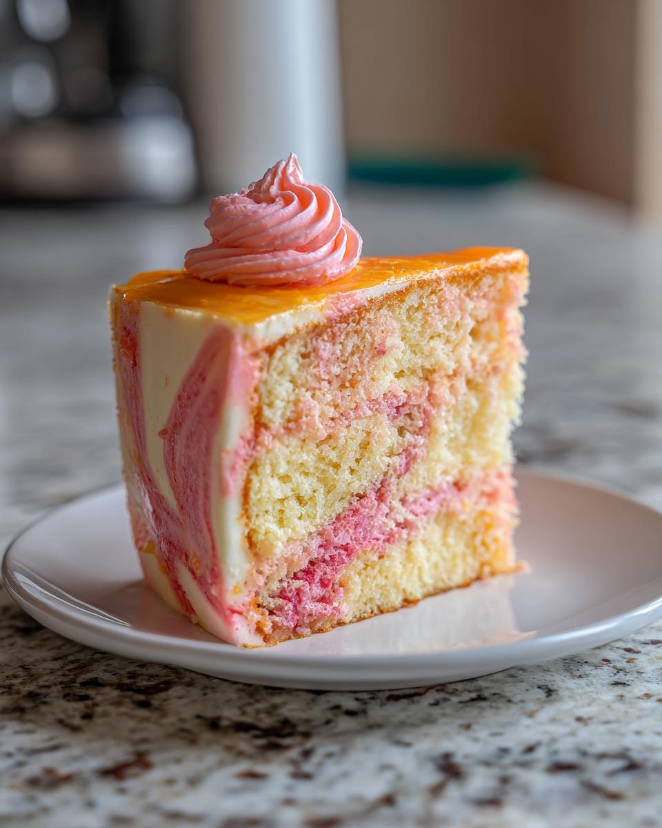 A single slice of strawberry creamsicle cake showing marbled pink and yellow layers, white frosting, and an orange glaze.