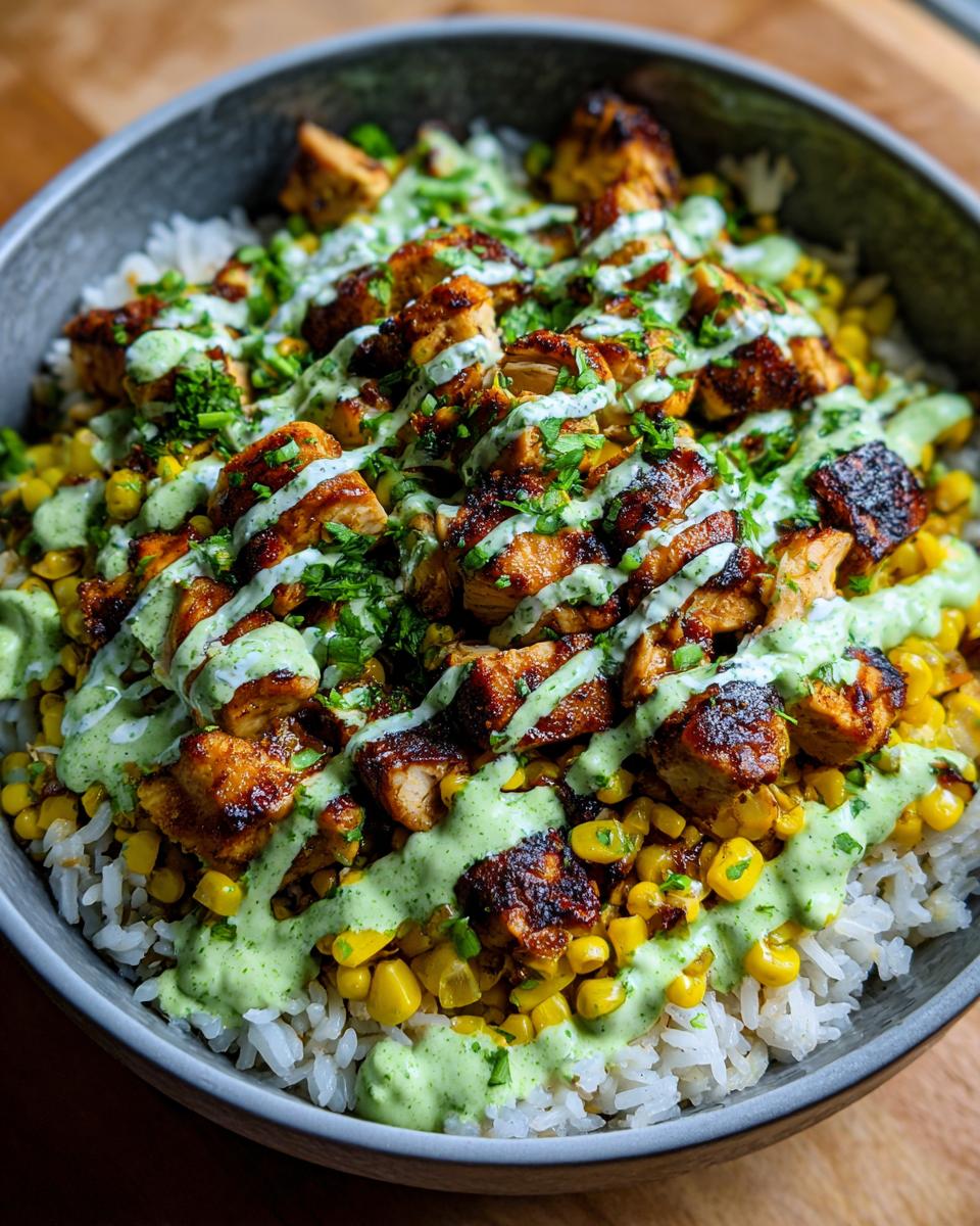 A close-up of a vibrant street corn chicken rice bowl topped with charred chicken, corn, and a creamy green sauce.