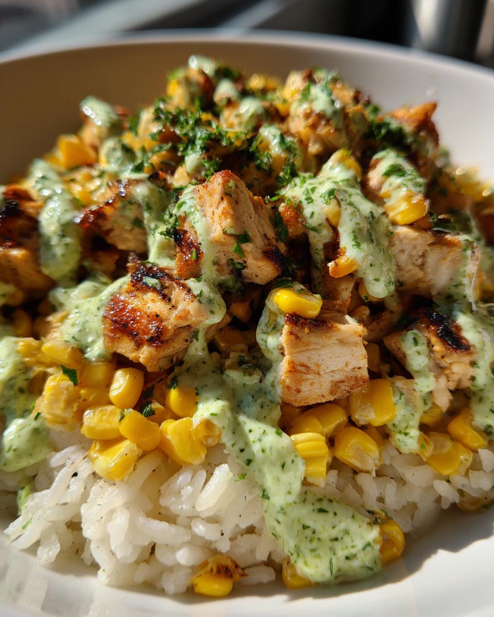 Close-up of a street corn chicken rice bowl featuring grilled chicken, yellow corn, white rice, and a creamy green sauce.